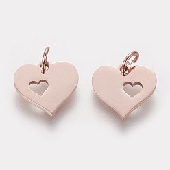 Oro Rosa 304 colgantes de acero inoxidable, con anillo de salto, corazón en corazón, oro rosa, 12x12.5x1 mm, agujero: 3 mm