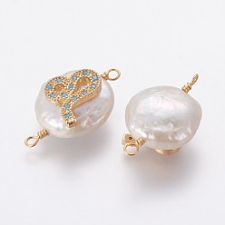 Leo Natural Pearl Links connectors, with Brass Micro Pave Cubic Zirconia Findings, Flat Round with Constellation, Golden, Deep Sky Blue, Leo, 20~26x9~17x5~11mm, Hole: 1.6mm