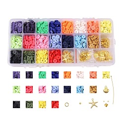 Golden DIY Heishi Beads Jewelry Kits, with Handmade Polymer Clay Beads, Alloy Pendants, Elastic Thread, Brass Spacer Beads & Ball Head Pins & Jump Rings, Scissors, Golden, 8x0.5~1mm, Hole: 2mm, about 3420~3800pcs