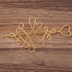 Doré  Bâtons de cheveux de fer, coeur & noeud chinois, or, 123mm, pin: 1.8 mm