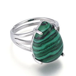 Malachite Adjustable Synthetic Malachite Finger Rings, with Platinum Plated Brass Findings, Teardrop, Size 8, Inner Diameter: 18mm