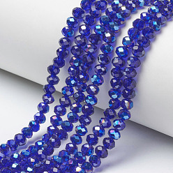 Royal Blue Electroplate Glass Beads Strands, Half Plated, Blue Plated, Faceted, Rondelle, Royal Blue, 3.5x3mm, Hole: 0.4mm, about 123~127pcs/strand, 13.7~14.1 inch(35~36cm)