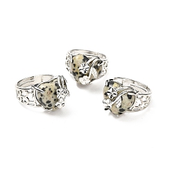 Dalmatian Jasper Natural Dalmatian Jasper Adjustable Rings, Platinum Tone Heart with Flower Brass Rings for Women, Cadmium Free & Lead Free, US Size 6 3/4(17.1mm), 4.5~9mm