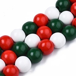 Dark Green Halloween Spray Painted Natural Wood Beads Strands, Round, Dark Green, 15~16.5x14~15mm, Hole: 3~4mm, about 25pcs/strand, 14.29 inch~14.53 inch(36.3cm~36.9cm)