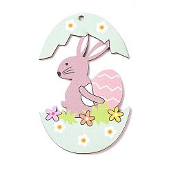 Pale Goldenrod Easter Theme Wood Big Pendants, Egg with Rabbit Charm, Pale Goldenrod, 90x57x2mm, Hole: 3.2mm