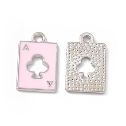 Pink Alloy Pendant, with Enamel, Rectangle with Ace of Spades Charm, Platinum, Pink, 18x11x1mm, Hole: 1.8mm