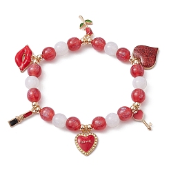 Red Resin Round Beaded Stretch Bracelet, Heart & Flower & Lip Charms Bracleet for Valentine's Day, Red, Inner Diameter: 2-1/8 inch(5.5cm)