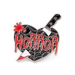 Negro Pin de esmalte de palabra horror, insignia de aleación de corazón con cuchillo para ropa de mochila, Platino, negro, 29.2x26.1x1.5 mm