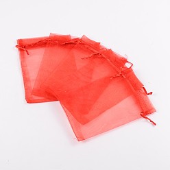 Rouge Pochette organza , bijoux pochettes en maille pour noce cadeaux de noël sacs de bonbons, avec cordon de serrage, rectangle, rouge, 12x10 cm