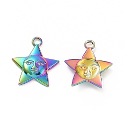Rainbow Color Revestimiento iónico (ip) 304 colgantes de acero inoxidable, encanto de estrella con rostro humano, color del arco iris, 21x18.5x3 mm, agujero: 2.5 mm