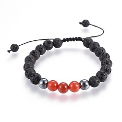 Carnelian Natural Lava Rock and Non-Magnetic Synthetic Hematite Beads Braided Bead Bracelets, with Natural Carnelian(Dyed), 2-1/8 inch~3 inch(5.3~7.8cm)