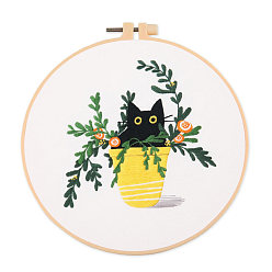 Jaune Kits de broderie bricolage motif chat et plante, y compris le tissu en coton imprimé, fil à broder et aiguilles, cercle à broder imitation bambou, jaune, hoop: 220x200mm
