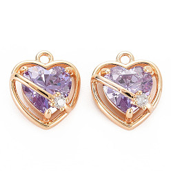 Lilac Brass Micro Pave Cubic Zirconia Charms, Real 18K Gold Plated, Nickel Free, Heart, Lilac, 13x11.5x7mm, Hole: 1.2mm