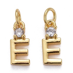 Letter E Brass Micro Pave Clear Cubic Zirconia Pendants, with Jump Rings, Real 18K Gold Plated, Long-Lasting Plated, Letter, Letter.E, 10x4x2mm