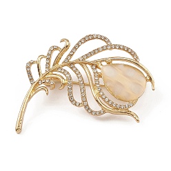 Golden Alloy Rhinestone Brooch for Clothes Backpack, with Cat Eye, Feather, Golden, 49.5x45x11mm