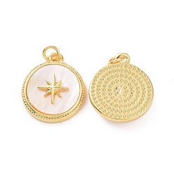 Real 18K Gold Plated Brass Shell Pendants, with Jump Ring, Flat Round with Star Charms, Real 18K Gold Plated, 16.5x14.5x3.5mm, Jump Ring: 4x0.8mm, Inner Diameter: 2.6mm
