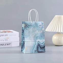 Bleu Ciel Clair Sacs en papier kraft, avec une poignée, sacs-cadeaux, sacs à provisions, rectangle avec motif en marbre, lumière bleu ciel, 15x8x21 cm