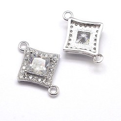 Real Platinum Plated CZ Brass Micro Pave Cubic Zirconia Links, Clear, Cadmium Free & Nickel Free & Lead Free, Rhombus, Real Platinum Plated, 15x20x5mm, Hole: 1mm
