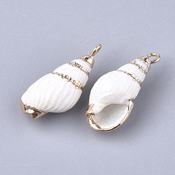 Blanc Galvanoplastie en spirale coquille pendentifs, avec les accessoires en fer, or, blanc, 18~25x8~11x8~10mm, Trou: 1.8mm