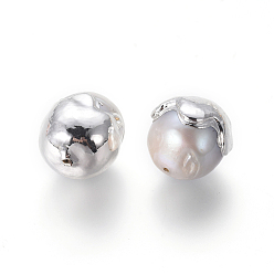 Silver Natural Cultured Freshwater Pearl Beads, with Brass Findings, Oval, Silver Color Plated, 11.5~14x12~17mm, Hole: 0.8mm