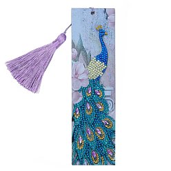 Peacock DIY Diamond Painting Stickers Kits For Bookmark Making, with Diamond Painting Stickers, Resin Rhinestones, Diamond Sticky Pen, Tassel, Tray Plate and Glue Clay, Rectangle, Peacock Pattern, 210x60mm