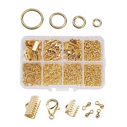 Golden 1Box Jewelry Findings 20PCS Alloy Lobster Claw Clasps, 45PCS Iron Ribbon Ends, 40g Brass Jump Rings, 10g Alloy Teardrop End Pieces, Golden, Lobster Clasps: 14x8mm, Hole: 1.8mm, Ribbon Ends: 8~13x6~7x5mm, Hole: 2mm, Jump Rings: 4~10mm, End Piece: 7x2.5mm, Hole: 1.5mm