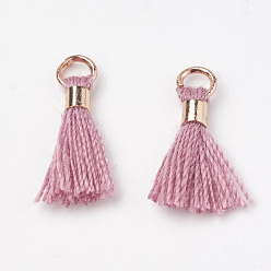 Old Rose Polycotton(Polyester Cotton) Tassel Pendant Decorations, Mini Tassel, with Brass Findings, Light Gold, Old Rose, 10~15x3~4mm, Hole: 2mm