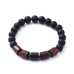 Agate Noire Bracelets élastiques, avec des perles d'agate noire naturelle (teintes), perles de bois naturel et perles d'hématite synthétiques non magnétiques, diamètre intérieur: 2-1/8 pouce (5.4 cm)