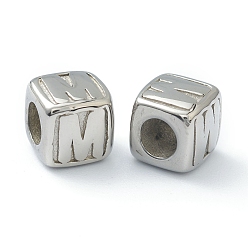 Letter M 304 acier inoxydable perles européennes, Perles avec un grand trou   , trou horizontal, cube avec la lettre, couleur inox, letter.m, 8x8x8mm, Trou: 4mm