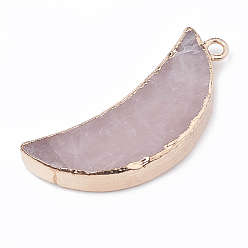Cuarzo Rosa Colgantes de cuarzo rosa natural electroplate, con fornituras de metal, luna, 45~46x20x4~7 mm, agujero: 3 mm
