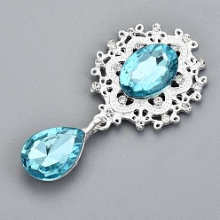 Light Blue Alloy Flat Back Cabochons, with Acrylic Rhinestones, Oval and Teardrop, Silver Color Plated, Faceted, Light Blue, 58x29x7mm, Pendant: 24.5x13x7mm