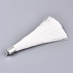 Blanc Grosses décorations de pendentif en pompon en fibre, avec accessoire de platine en laiton , blanc, 70~73x7~25mm, Trou: 1.8mm