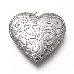 Stainless Steel Color 316 Stainless Steel Locket Pendants, Photo Frame Charms for Necklaces, Heart with Floral Pattern, Stainless Steel Color, 29x28.5x6.5mm, Hole: 2mm, Inner Diameter: 17x21mm