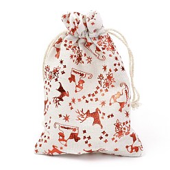 Cerf Sac en tissu en coton thème noël, sacs à cordonnet, pour les ornements de cadeau de collation de fête de noël, Motif à thème de Noël, 14x10 cm