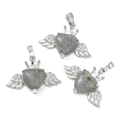 Labradorite Natural Labradorite Pendants, Heart Charms with Wings & Crown, with Platinum Tone Brass Crystal Rhinestone Findings, 26x35.5x8mm, Hole: 8x5mm