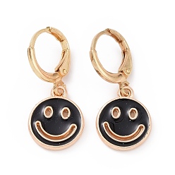 Black Hollow Out Smiling Face Enamel Hoop Earrings for Women, Double Side Light Gold Tone Alloy Dangle Earrings, Black, 25mm, Pin: 0.7mm