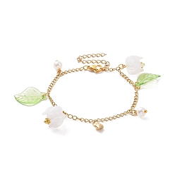 Golden Acrylic Leaf & Flower & Plastic Pearl Charm Bracelet, Golden 304 Stainless Steel Jewelry for Woman, Golden, 6-7/8 inch(17.6cm)