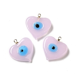 Pink Handmade Lampwork Pendants, with Real 18K Gold Plated Plated Brass Finding, Cadmium Free & Lead Free, Heart with Evil Eye, Pink, 19.5x18.2x5mm, Hole: 1.4mm