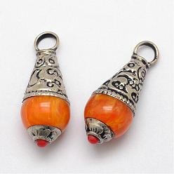 Orange Brass Teardrop Pendants, with Resin Imitation Beeswax and Antique Silver, Orange, 26~28x11mm, Hole: 4mm