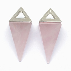 Quartz Rose Naturel a augmenté pendentifs en quartz, avec les accessoires en alliage, triangle, platine, 34x14x14.5mm, Trou: 4x6mm