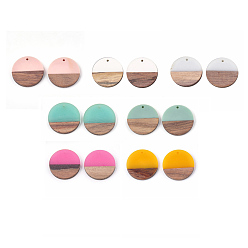 Mixed Color Resin & Wood Pendants, Flat Round, Mixed Color, 28.5x3.5~4mm, Hole: 1.5mm