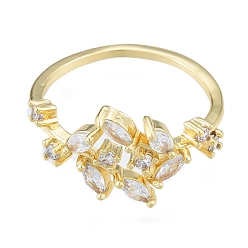 Chapado en Oro Real 18K Anillo de puño abierto con hoja de circonita cúbica transparente, joyas de latón para mujer, real 18 k chapado en oro, tamaño de EE. UU. 7 (17.3 mm)