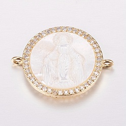 Golden Brass Micro Pave Cubic Zirconia Links, Clear, with Shell, Flat Round with Virgin Mary, Golden, 18x23x4mm, Hole: 1mm