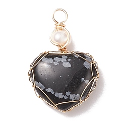 Snowflake Obsidian Natural Snowflake Obsidian & Freshwater Pearl Pendants, with Real 18K Gold Plated Copper Wire Wrapped, Heart, 33~36.5x24.5x8.5~11.5mm, Hole: 4mm