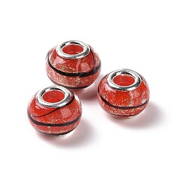 Indian Red Handmade Lampwork Gold Sand Effect European Large Hole Rondelle Beads, with Silver Plated Brass Double Cores, Indian Red, 14x9mm, Hole: 5mm