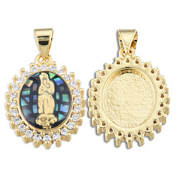Black Brass Micro Pave Clear Cubic Zirconia Pendants, with Enamel and Shell, Real 18K Gold Plated, Nickel Free, Oval with Virgin Mary, Black, 19.5x14.5x4mm, Hole: 3x4mm