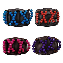 Mixed Color Plastic Hair Bun Maker, Stretch Double Hair Comb, with Wood Beads, Mixed Color, 80x105mm
