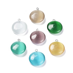 Mixed Color Cat Eye Pendants, with Platinum Tone Iron Loops, Flat Round Charms, Mixed Color, 23.5x20x7mm, Hole: 1.5mm