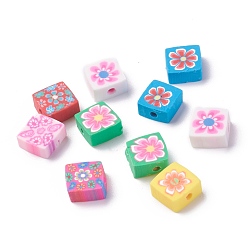 Mixed Color Handmade Polymer Clay Beads, Square with Flower Pattren, Mixed Color, 10x10x4.5mm, Hole: 2mm