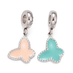Mixed Color 304 Stainless Steel European Dangle Charms, Large Hole Pendants, with Enamel, Stainless Steel Color, Butterfly, Mixed Color, 26mm, Hole: 4.5mm, Butterfly: 15.5x13x2mm